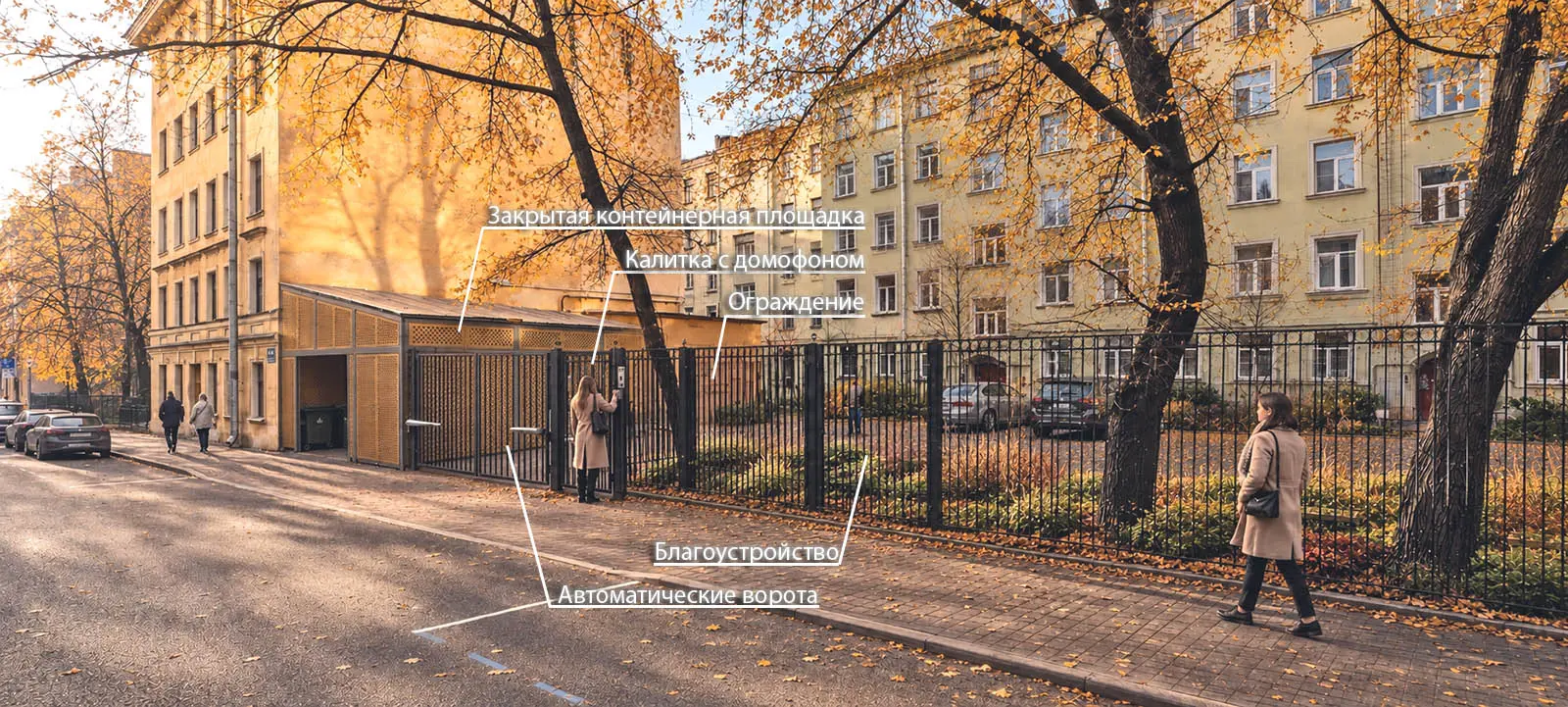 Эскизное предложение: закрытая контейнерная площадка, автоматические ворота, калитка с домофоном, ограждение и благоустройство двора на Воскова, 26А